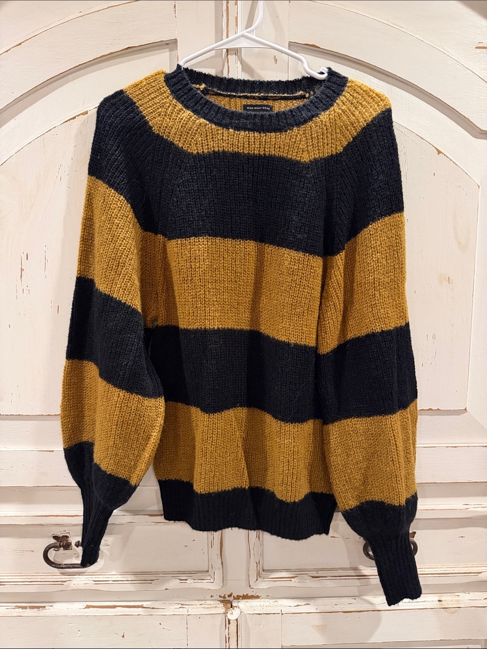 Who What Wear Black and Mustard Striped Crewneck Sweater